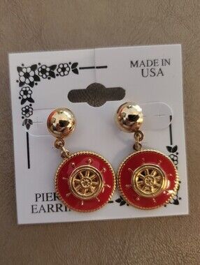 Gold and Red Nautical Wheel Drop Earrings - Unbranded
